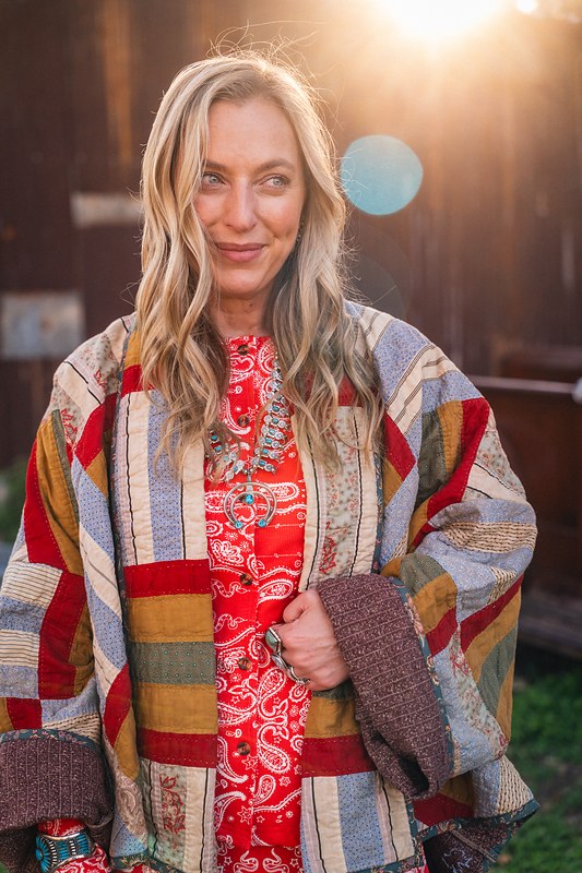 Lauren Shapiro quilted coat photographed at golden hour by Jake Mizell at the Round Top Spring Show in Texas