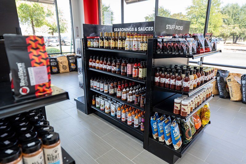 The seasonings and sauces aisle at the Southern Steer Butcher grand opening